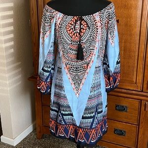 Off The Shoulder Multicolored Printed Long Sleeve Dress